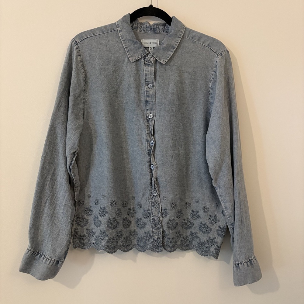 Thread & Supply Embroidered Button Up Top XL Tencel Lyocell Western Boho Cottage